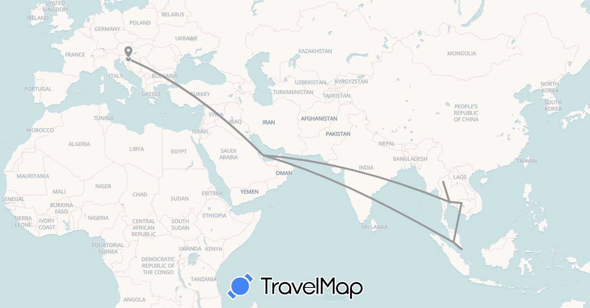 TravelMap itinerary: driving, plane in Croatia, Cambodia, Malaysia, Qatar, Singapore, Thailand (Asia, Europe)